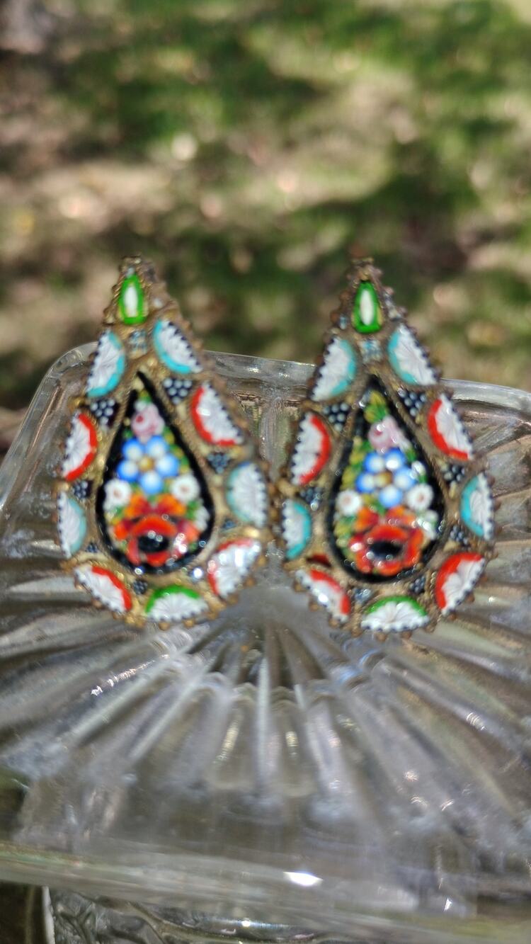 Vintage Italian Micromosaic Floral Screwback Earrings 1.25"